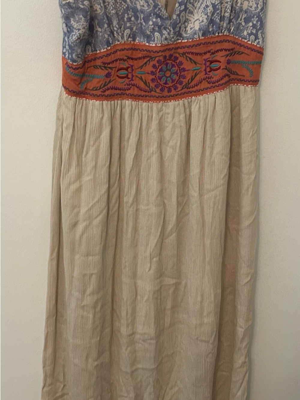 Embroidered Waist Cream Maxi dress with Blue Paisley Detail